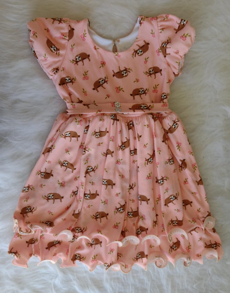 Vestido Infantil Saia Dupla ondulada Com Manga Laço