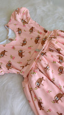 Vestido Infantil Saia Dupla ondulada Com Manga Laço