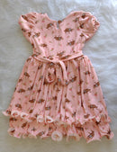 Vestido Infantil Saia Dupla ondulada Com Manga Laço